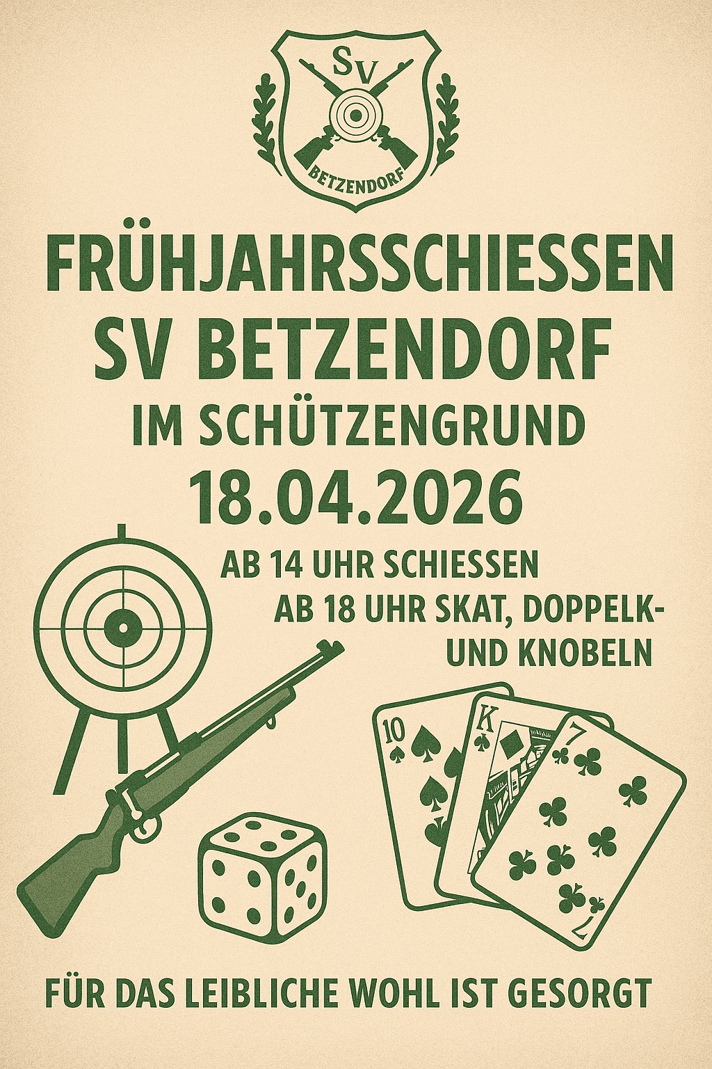 Veranstaltungsplakat zum Frühjahrsschießen des SV Betzendorf am 18. April 2026 im Schützengrund, Beginn 14 Uhr, Abendprogramm mit Skat, Doppelkopf und Knobeln